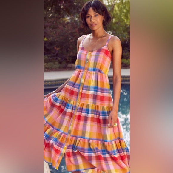 Evereve Dresses & Skirts - Evereve dRA LA Womens M Sofia Plaid Tiered Sleeveless Midi Sun Dress Boho